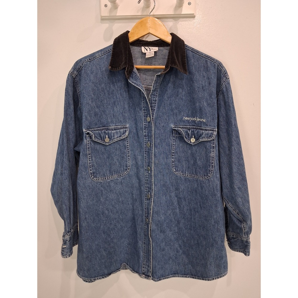Vintage NY Jeans Denim Shirt Women Medium Blue Velvet Collar Long Sleeve 90s